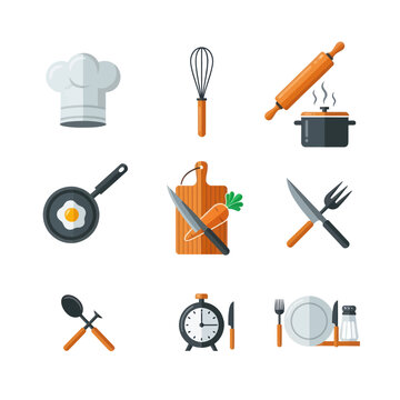 Kitchen cooking utensils and food preparation flat icons collection