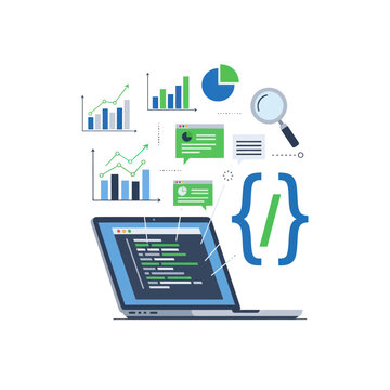 Laptop with programming code, data charts, and analytics icons