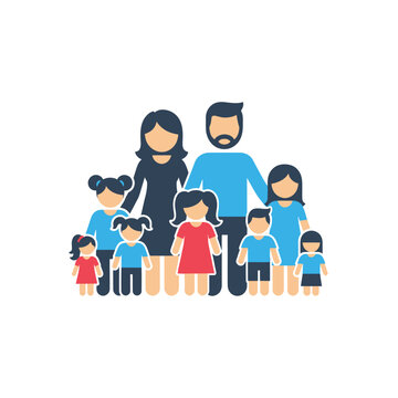 Large family flat design icon with parents and six children
