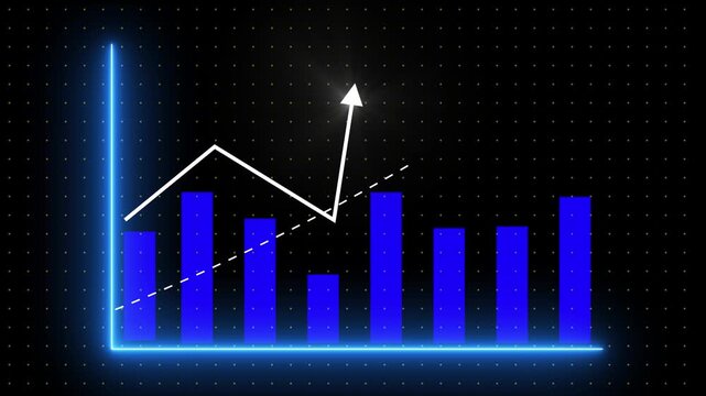 Business data analysis graph with decreasing trend line and blue bars on black background with dots