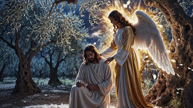 Moonlit Caucasian Man In Olive Grove Receiving Calming Touch From Illuminated Angel, Cool Blue Night Tones, Luminous Wings Haloed By Moonlight, Quiet Protective Presence, Dew On Ground, Reflective.