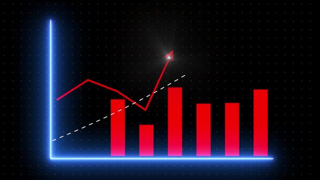 Business Data Visualization Graph with Neon Lights and Red Bars on Black Background with Dots chart