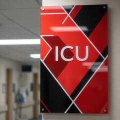 Modern ICU Signage: A Bold Red and Black Abstract Design with Geometric Elements