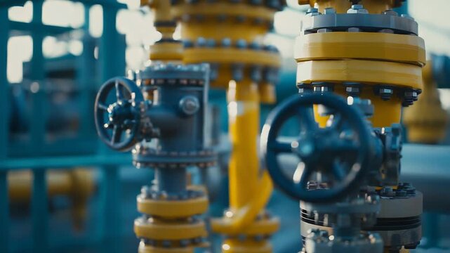 Industrial refinery pipeline system with bright yellow pipes, blue valves and silver flanges conveying gas or oil, detailed outdoor close up of energy infrastructure and flow control