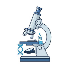 Microscope with DNA helix and beaker for science research