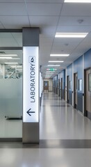 Modern Laboratory Corridor with Directional Signage, Featuring Clean Lines and Minimalist Design