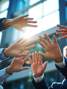 Multiple hands reaching upwards towards a bright light source symbolizing hope.