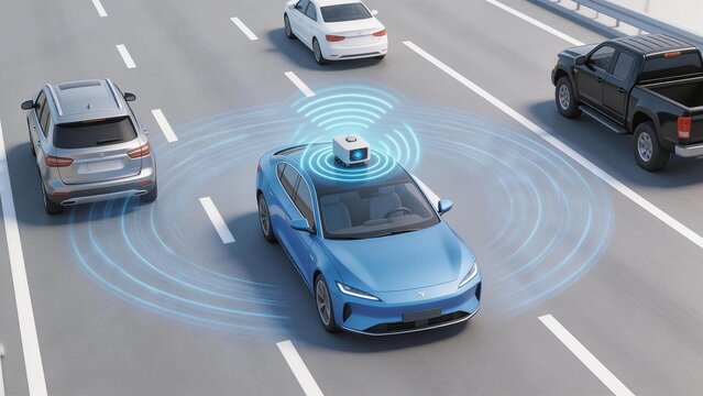 Selfdriving car on highway with sensor technology