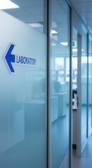Modern Laboratory Hallway With Clear Glass And Directional Signage In Focus
