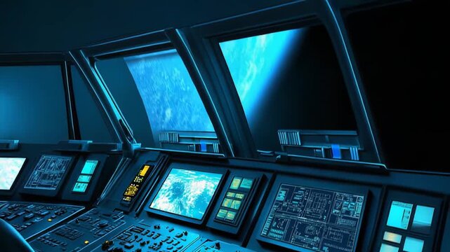 Digital screens and illuminated buttons detail a complex control panel, providing an immersive view into advanced technology and data management within a sophisticated futuristic environment