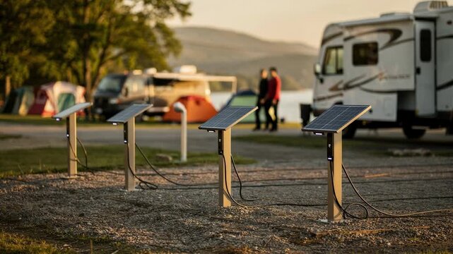 Framed medium shot of solar pedestals near campsite delivering renewable power to RVs and campers with blurred tents and nature in background.