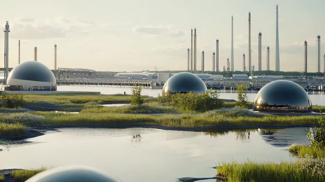 Futuristic spheres, half submerged in water, reflecting a distant industrial landscape with natural green foliage, embodying a juxtaposition of technology and environment on a sunny day