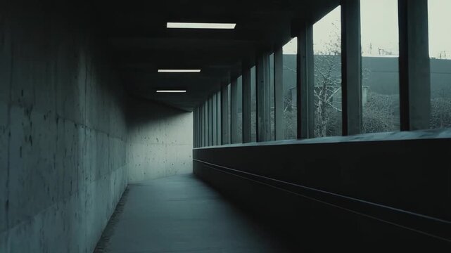 Empty concrete corridor featuring minimalist architectural design, illuminated by linear ceiling lights and natural light filtering through vertical windows, creating a somber and moody atmosphere