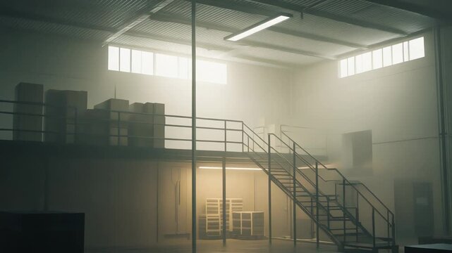Industrial warehouse interior featuring a mezzanine level, metal stairs, and corrugated roof, with atmospheric haze and ambient light creating a mysterious mood