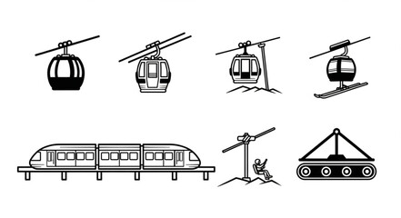 Collection of transportation icons including cable cars and trains. © Hudah