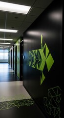 Modern Office Corridor With Neon Green Arrow Sign Indicating Directional Guidance and Contemporary