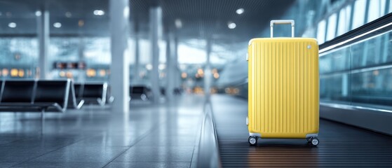 The Yellow Suitcase on a Moving Walkway in a Modern Airport Terminal