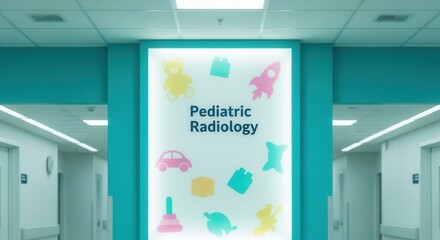 Modern Pediatric Radiology Sign With Colorful Toy Silhouettes In The Hospital Corridor