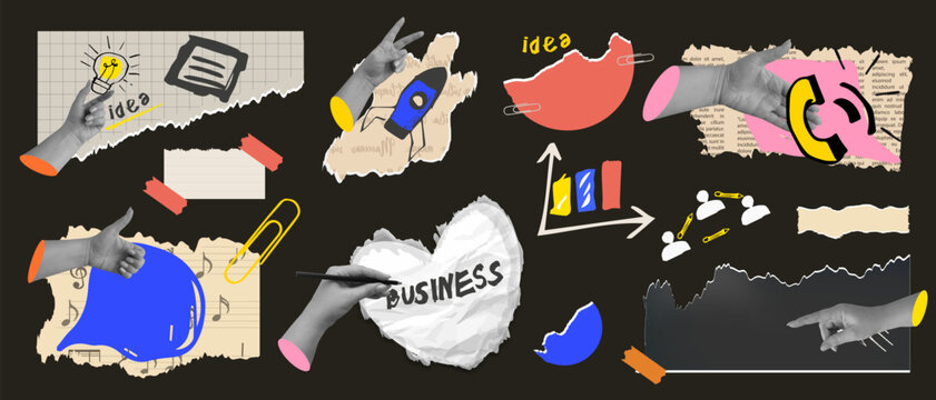 Vector collage in a modern craft style with hands, icons, charts, and paper elements; for the header of a website for marketing and branding presentations and web.
