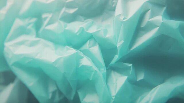 Crumpled plastic material displaying a delicate abstract texture, creating wavy patterns and soft light reflections with a focus on recycling concepts and environmental waste