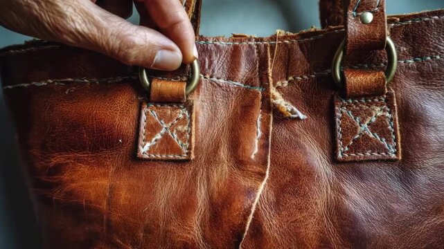 Repair process of a torn leather surface on a bag showcasing natural biodegradable patching materials and careful handwork.
