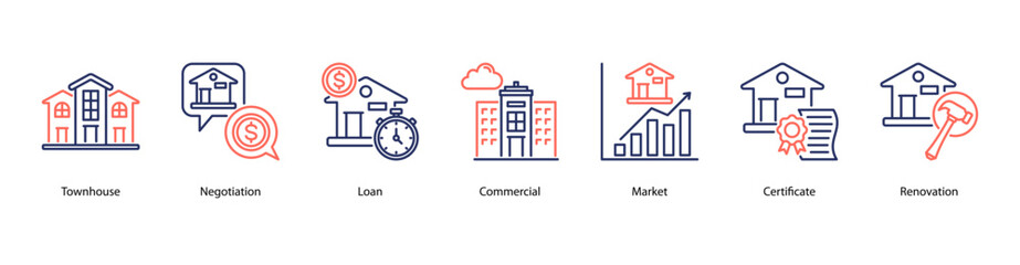 Real Estate Transactions web banner icon vector illustration featuring Townhouse, Negotiation, Loan, Commercial, Market, Certificate, and Renovation. © Dewi Sari