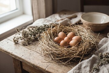 Eggs in a straw nest on wooden table with rustic kitchen background  