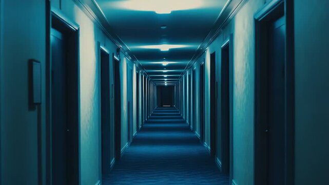 Empty hotel corridor showing a row of identical closed doors, illuminated by bright overhead lights casting a cool blue glow and creating a sense of mystery and apprehension