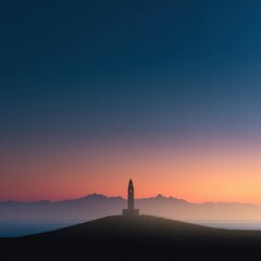 Architectural Stone Monument Standing on a Hill at Sunset, Scenic Landmark Silhouette for Travel Guide and History Promotion with Blue and Orange Sky Copy Space