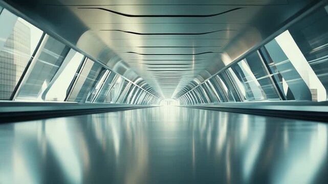 Contemporary glass and metal walkway with geometric panels and reflective surfaces leading to a glowing vanishing point, evoking futuristic transit, progress, and sleek design