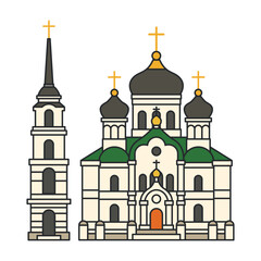 Fototapeta premium Orthodox cathedral with bell tower and domes. Illustration. Object isolated on white background.