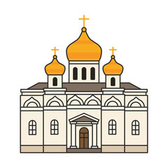 Obraz premium Orthodox cathedral with three golden domes and crosses. Illustration. Object isolated on white background.