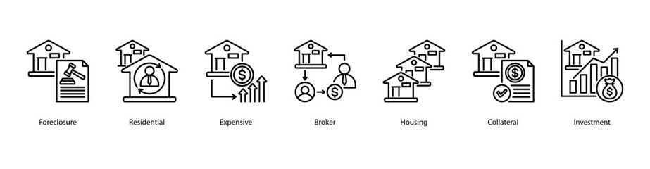 Residential Real Estate Market web banner icon vector illustration featuring Foreclosure, Residential, Expensive, Broker, Housing, Collateral, and Investment.