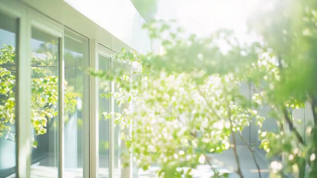 Lush green tree creating soft shadows on a sunlit pavement, reflecting its vibrant leaves and healthy branches in the contemporary glass facade of a building