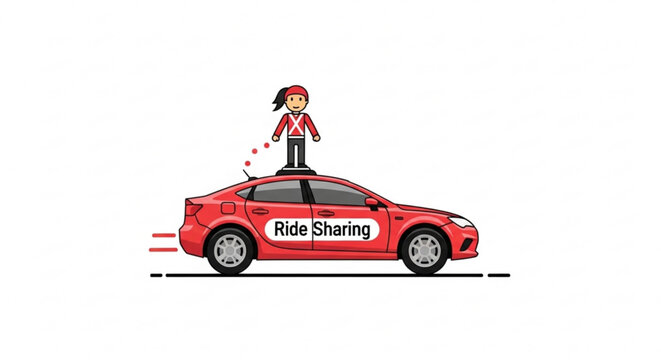 Woman standing on top of a red ride sharing car speeding down the road with motion lines