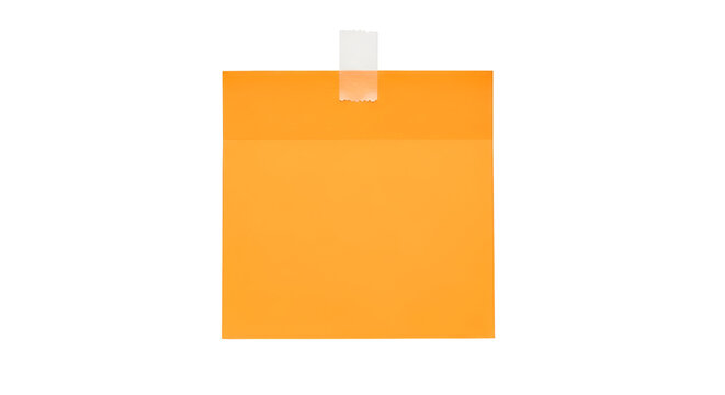 Bright orange square post it note with white tape on black background