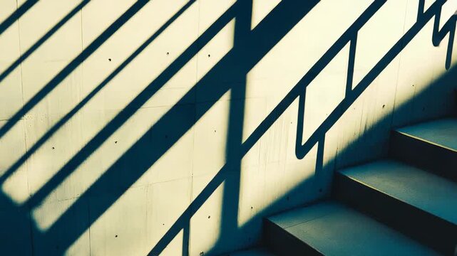 Modern architecture casting abstract geometric shadows on a textured concrete wall and stairway, highlighting contrasting light, dark, and linear patterns