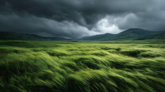 Lush green grassy field blows in the wind under dark stormy gray clouds in a dramatic landscape with moody atmosphere and contrast lighting.