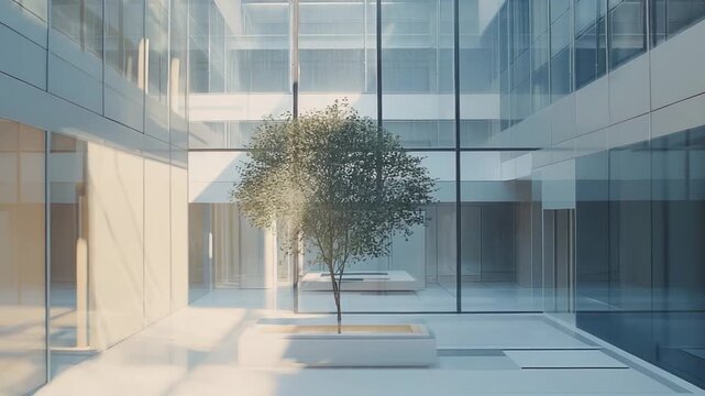 Contemporary office atrium with glass facades and clean surfaces, flooded with sunlight and greenery, emphasizing transparency, minimalist design, and innovative workplace ambiance
