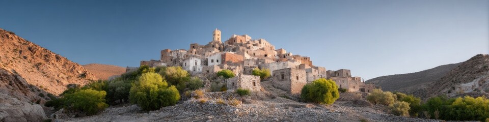 Fototapeta premium Ancient stone village on a mountain hill with heritage buildings and green trees in a desert valley for historical documentation and travel background