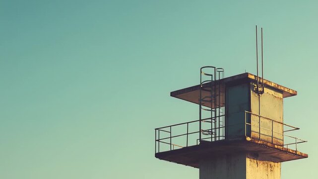 Abandoned concrete watchtower with a metal structure against a plain blue sky, suggesting concepts of surveillance, forgotten places, and past security measures