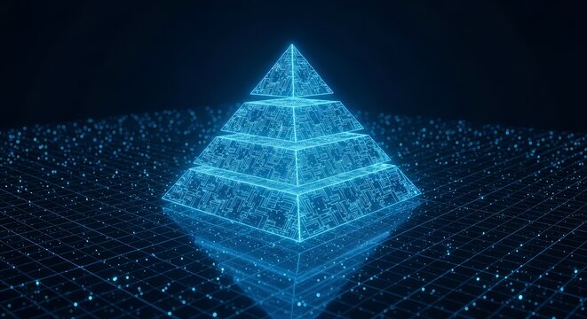 Glowing blue pyramid structure with grid pattern on dark background representing technology and innovation