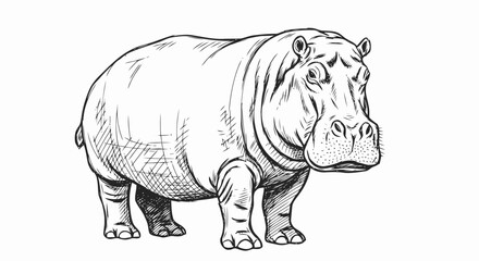 Hippopotamus Standing Sideways Detailed Line Drawing.