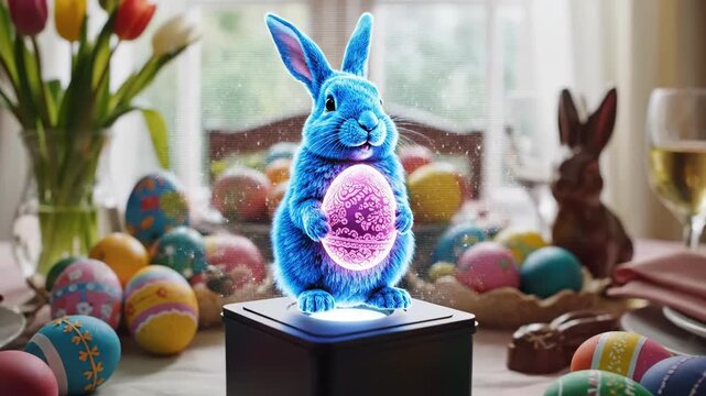 Sunlit Breakfast Table With Holographic Rabbit Holding Glowing Egg, Window Light, Tulips And Scattered Painted Eggs Creating Whimsical Morning Celebration With Sparkling Projection.