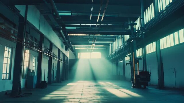 Empty industrial warehouse interior with concrete floor and structural beams, light shafts from a high window illuminating dust and an idle forklift, evoking solitude and abandonment