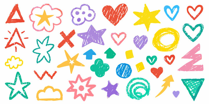 Colorful crayon drawings of hearts stars and various abstract shapes