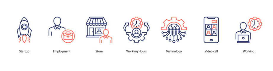Startup and Employment web banner vector illustration featuring Startup, Employment, Store, Working Hours, Technology, Video Call, and Working.