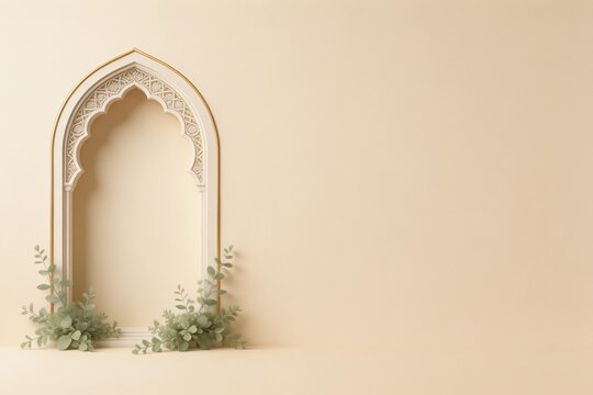 Luxury Ramadan Background with Islamic Arch Window, Botanical Foliage and Subtle Gold Accent