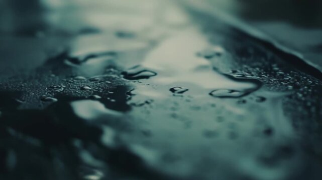 Water droplets creating a mesmerizing abstract wet surface texture, reflecting ambient light with varying shades of dark teal and blue, suggesting a cold, rainy mood