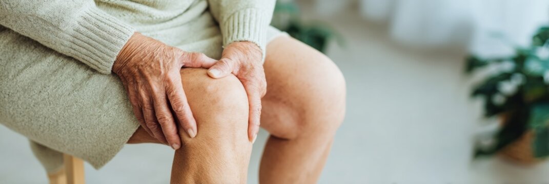 Elderly woman holding aching knee joint during physical therapy at home, senior patient experiencing chronic leg pain for geriatric healthcare and medical service advertising